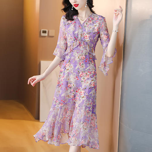 夏季法式，重磅V领度假长裙仿双绉碎花连衣裙HT-NRYQ6248-1 商品图1