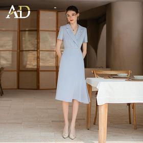 AD气质灰蓝色西装领连衣裙女不规则设计感鱼尾裙显瘦短袖西服裙子