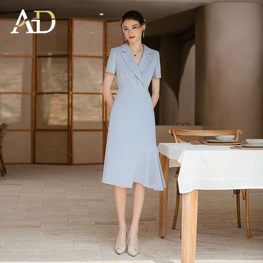 AD气质灰蓝色西装领连衣裙女不规则设计感鱼尾裙显瘦短袖西服裙子 商品图0