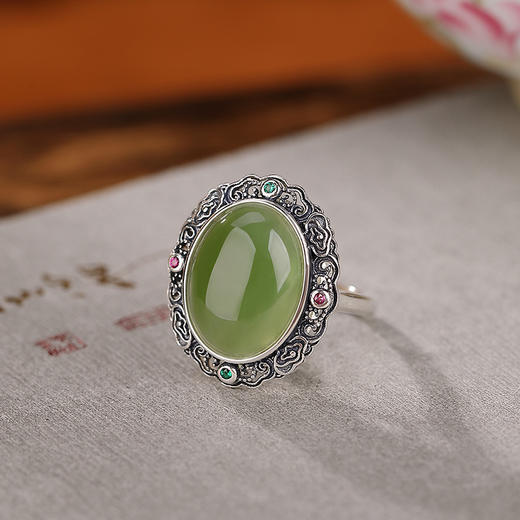 【静影沉璧】S925银和田玉碧玉镂空祥云蛋面戒指【CW-236511】 商品图1