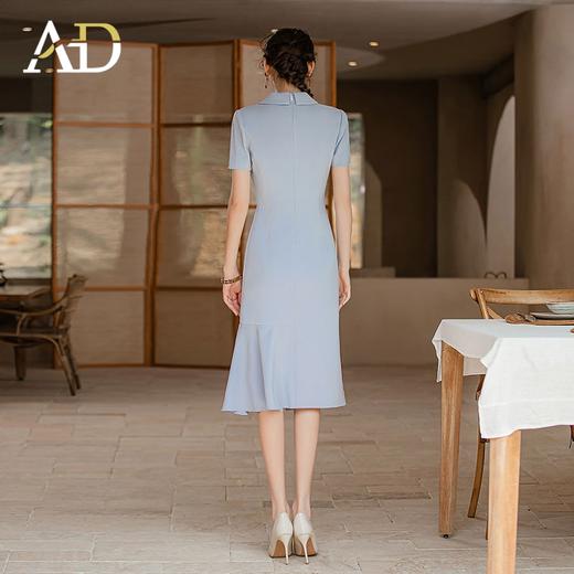 AD气质灰蓝色西装领连衣裙女不规则设计感鱼尾裙显瘦短袖西服裙子 商品图3