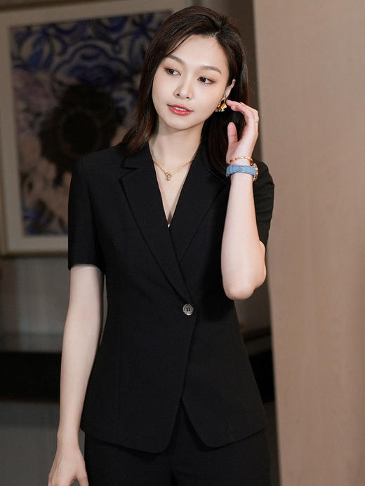 黑色短袖薄西装外套夏季新款单粒扣高级感西装裤职业套装 商品图4