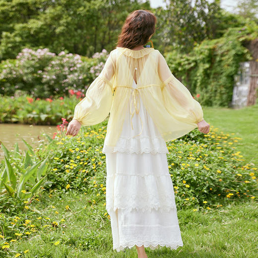 两三事蝴蝶翩飞2023夏季新款甜美压褶灯笼袖雪纺衫女宽松 商品图4