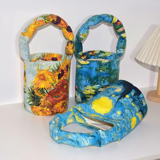 梵高莫奈油画复古野玫瑰向日葵充棉肩带水桶包 小号女便当袋饭盒手提包 商品图5