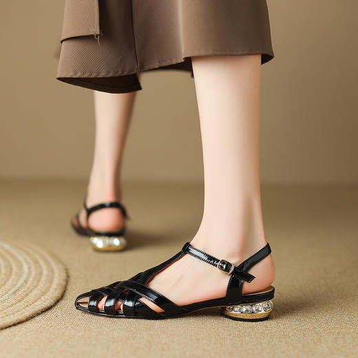 尖头粗跟凉鞋，女款编织法式小高跟包头女鞋夏季镂空中跟罗马鞋LD-6369 商品图2