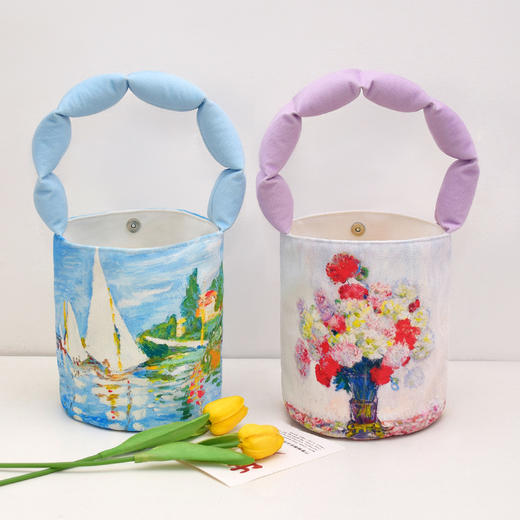 梵高莫奈油画复古野玫瑰向日葵充棉肩带水桶包 小号女便当袋饭盒手提包 商品图8