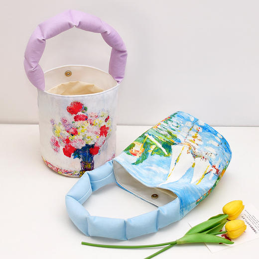 梵高莫奈油画复古野玫瑰向日葵充棉肩带水桶包 小号女便当袋饭盒手提包 商品图9