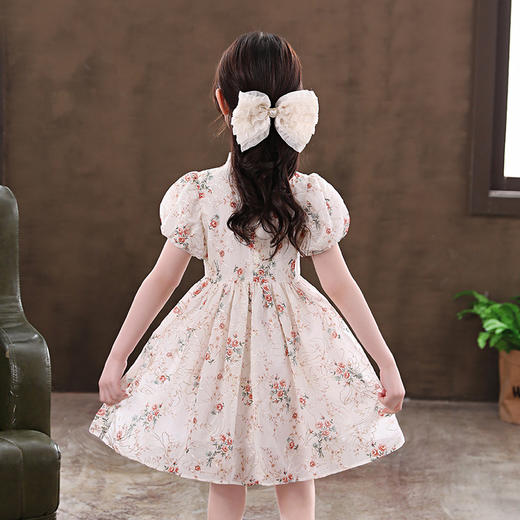 【传承经典，融入时尚！夏季薄款复古汉服女连衣裙】绵柔舒适，甜美出行，清凉夏日，透气亲肤柔软，耐穿耐洗，复古立领，女童改良旗袍 泡泡袖中国风裙子夏款 商品图3