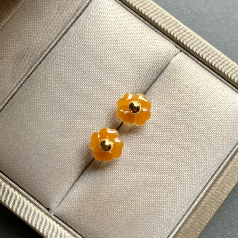 冰种黄翡小花耳钉18k黄金镶嵌