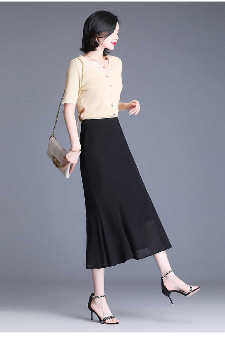 雪纺鱼尾长裙一步裙薄款荷叶边拼结包臀裙myx