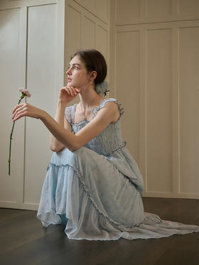 SimpleRetro芭蕾女孩 原创印花打揽飞飞袖连衣裙女法式度假仙女裙