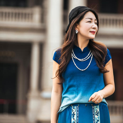 【林栖设计小店】【现货】青绿粉色丝棉渐变毛衣2023春夏新品新中式修身复古短袖T恤女1932427-1962002 商品图1