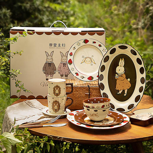 摩登主妇原创复古赫拉兔陶瓷餐具礼盒套装家用可爱碗盘碟米饭碗 商品图0