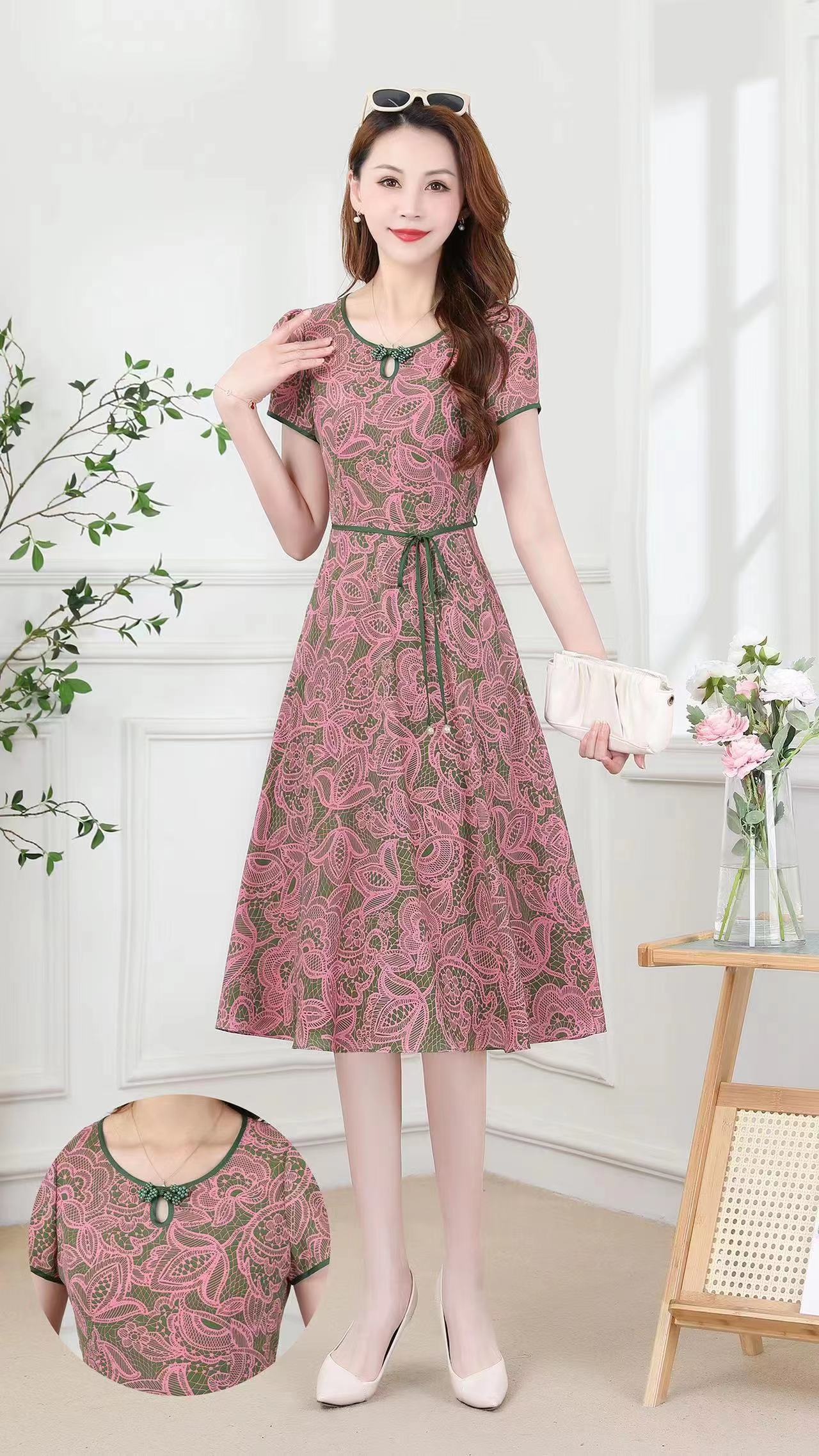 B6316       法式复古气质印花修身显瘦中长款连衣裙（特价不退换）