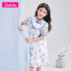 笛莎官方童装女童连衣裙2023年夏装新款儿童兰花印花欧根纱汉服裙