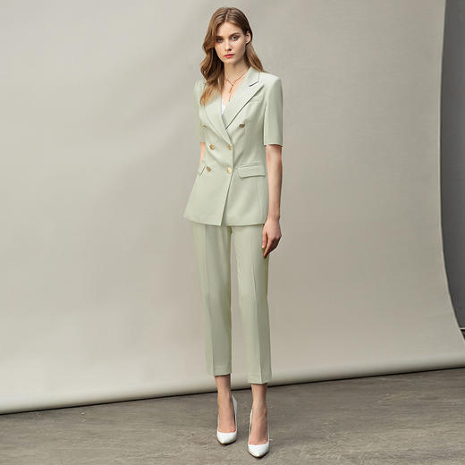 夏季高端绿色西装套裤女名媛修身职业西服套装薄款艺考面试工作服C13211+P13211 商品图1