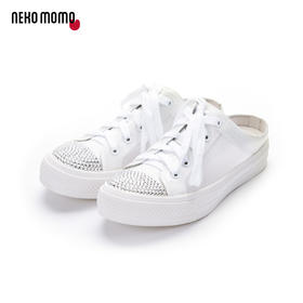 nekomomo春夏季商场同款牛皮网面透气镶钻时尚平底中跟穆勒拖鞋女10601