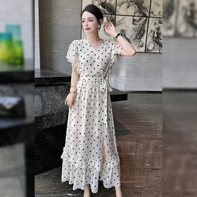 HR WS28139气质印花圆点时尚V领拼接两件套裙