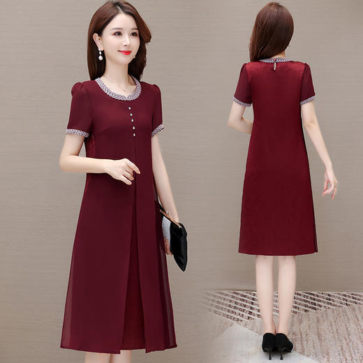 夏季简约，中长款开衩假两件休闲裙中老年妈妈装雪纺裙短袖连衣裙QYM-TYP-82A801-Y 商品图2