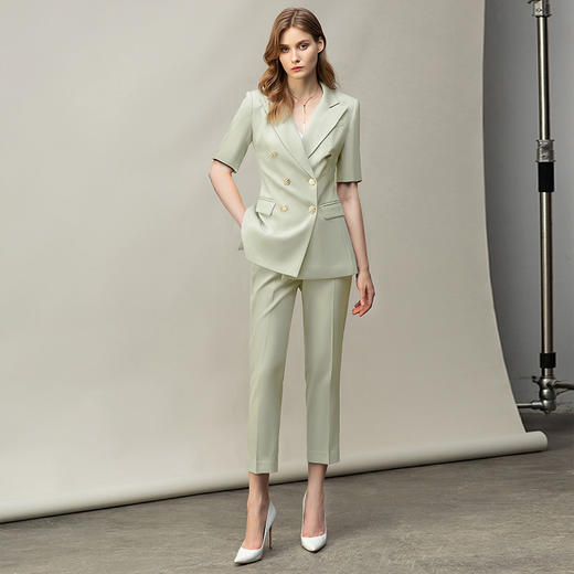 夏季高端绿色西装套裤女名媛修身职业西服套装薄款艺考面试工作服C13211+P13211 商品图0