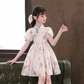 【传承经典，融入时尚！夏季薄款复古汉服女连衣裙】绵柔舒适，甜美出行，清凉夏日，透气亲肤柔软，耐穿耐洗，复古立领，女童改良旗袍 泡泡袖中国风裙子夏款