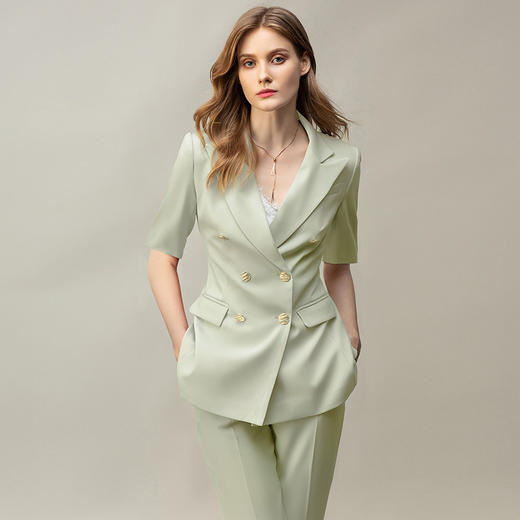 夏季高端绿色西装套裤女名媛修身职业西服套装薄款艺考面试工作服C13211+P13211 商品图3