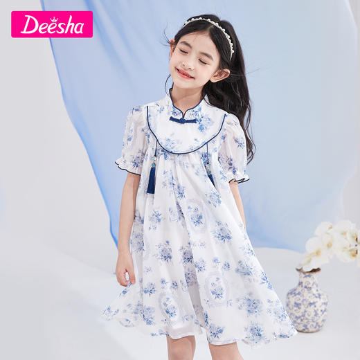 笛莎官方童装女童连衣裙2023年夏装新款儿童兰花印花欧根纱汉服裙 商品图1