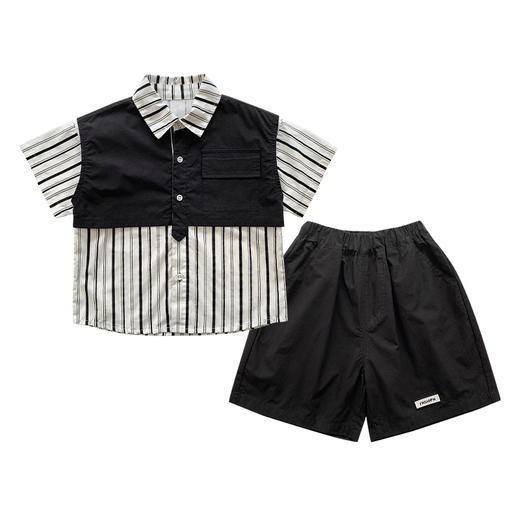 【假两件衬衫套装炸街单品】儿童套装2023童酷夏季韩版洋气男童两件套，翻领设计修饰颈部线条，拼片设计增加时尚感，可盐可酷条纹拼片宝宝衬衫短裤潮sh 商品图4