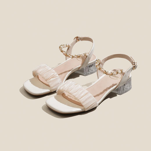 品质好货 | Safiya/索菲娅 2023夏季新品绸缎仙女链条一字带透明粗跟凉鞋SF31115740 商品图8