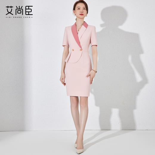 法式西装洋装女夏季新款中长版短袖职业高端气质粉色裙子薄 商品图2