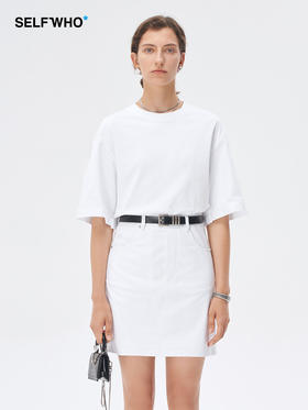 Self Who纯棉白色t恤连衣裙女2023新款夏季短袖镂空气质减龄裙子