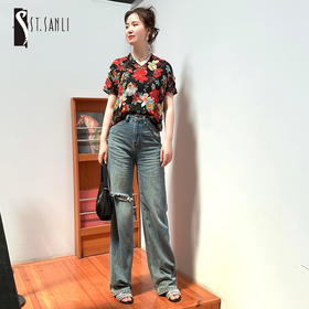 圣三利女装 新款V领100%桑蚕丝褶皱国风印花上衣小衫SL2022149