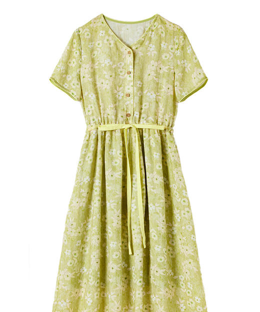 法式文艺风，夏季新款苎麻印花连衣裙短袖碎花拼色系带V领裙子YM-S375-1 商品图4