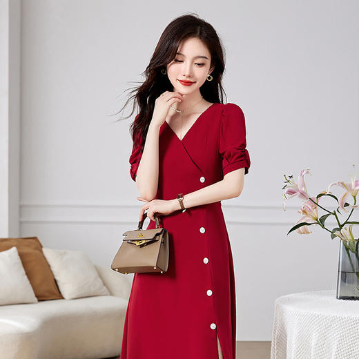 优雅知性，气质V领时尚修身显瘦小开衩中长款纯色连衣裙HR-WZ25259 商品图1