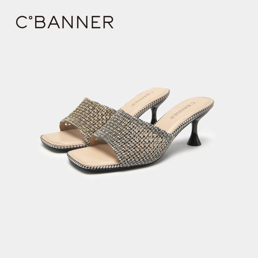 千百度女鞋夏季凉拖鞋高跟编织拖鞋休闲镂空外穿细跟百搭A23350202 商品图4