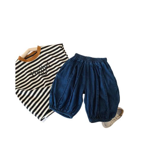 【冰丝凉爽透气，松紧裤腰带】2023夏季新款冰丝牛仔童装，圆领条纹设计凉爽透气不起球，儿童韩版冰瓷棉无袖套装男童痞帅一套-SH 商品图4