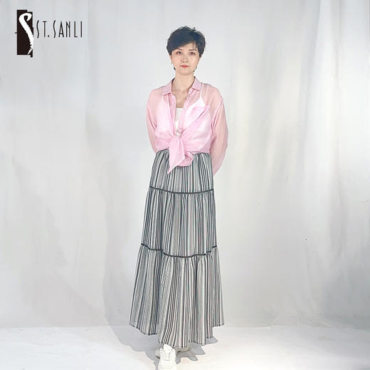 圣三利女装 新品浪漫度假风长款条纹拼接蛋糕半身裙SL2015136 商品图0