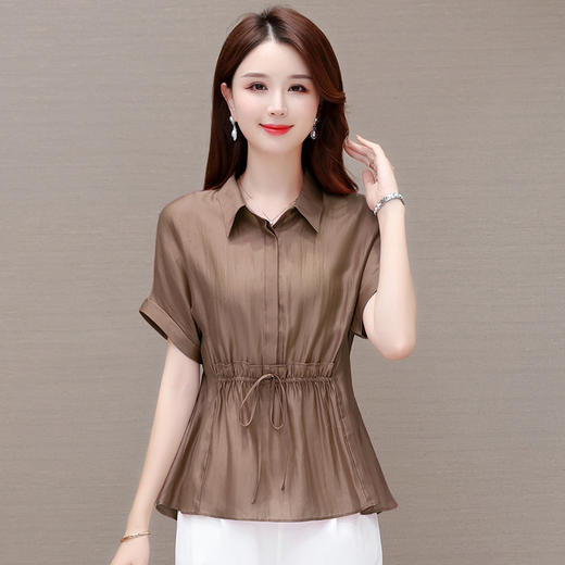 松紧腰时尚休闲套头小衫，POLO领短袖气质修身雪纺衫QYM- AH-23A1879-L 商品图1