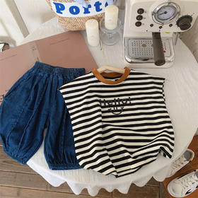 【冰丝凉爽透气，松紧裤腰带】2023夏季新款冰丝牛仔童装，圆领条纹设计凉爽透气不起球，儿童韩版冰瓷棉无袖套装男童痞帅一套-SH