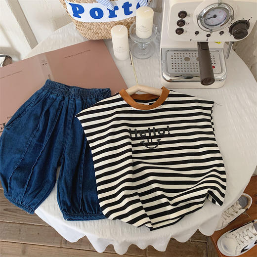 【冰丝凉爽透气，松紧裤腰带】2023夏季新款冰丝牛仔童装，圆领条纹设计凉爽透气不起球，儿童韩版冰瓷棉无袖套装男童痞帅一套-SH 商品图0