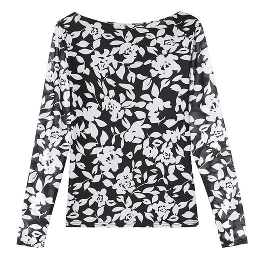 SMZ7576网纱印花圆领内搭外穿收腰显瘦打底衫2023夏季新款气质长袖T恤女 商品图4