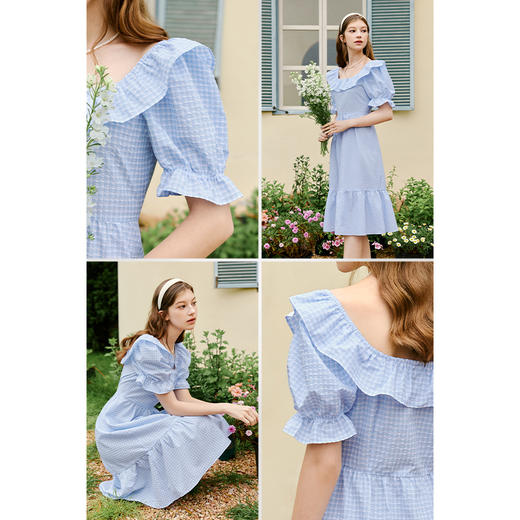 【严选】诗凡黎夏淡蓝色格纹荷叶领泡泡袖连衣裙7E6193441 商品图3
