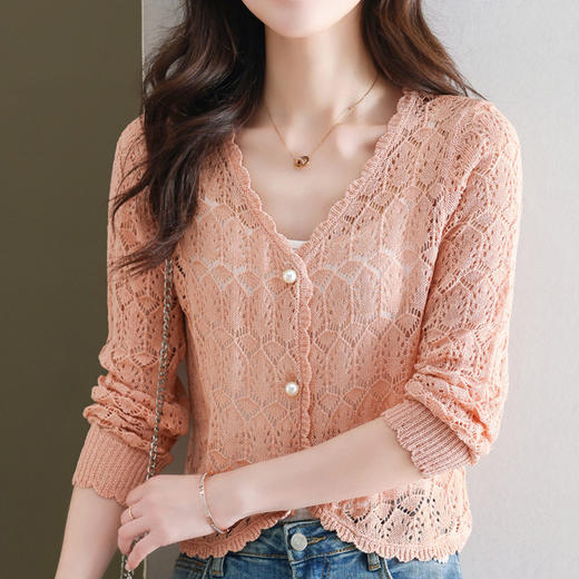 镂空开衫女外套，针织空调衫长袖V领蕾丝夏季轻熟气质宽松上衣CC-11-68090 商品图1