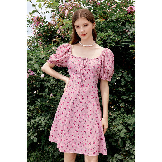 【严选】诗凡黎夏复古方领飘带抽皱设计收腰连衣裙SE6190561 商品图3