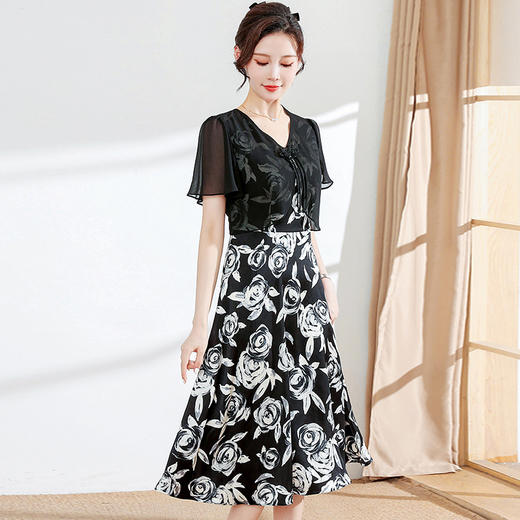 时尚气质短袖中长款A字裙，黑色印花连衣裙QYM-XY-23DZ88-Y 商品图1