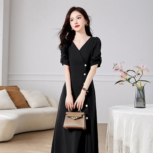 优雅知性，气质V领时尚修身显瘦小开衩中长款纯色连衣裙HR-WZ25259 商品图2