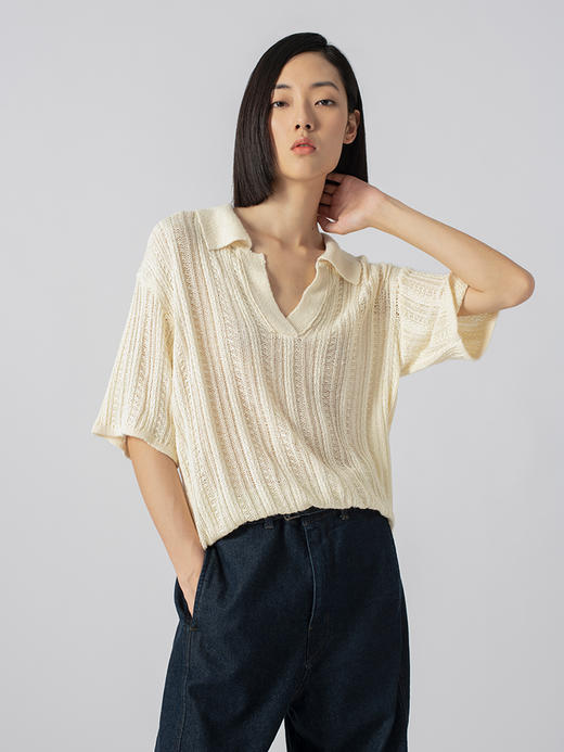 322工房经典再造真丝编织纹理针织POLO衫2023春夏针织套头衫B072 商品图0