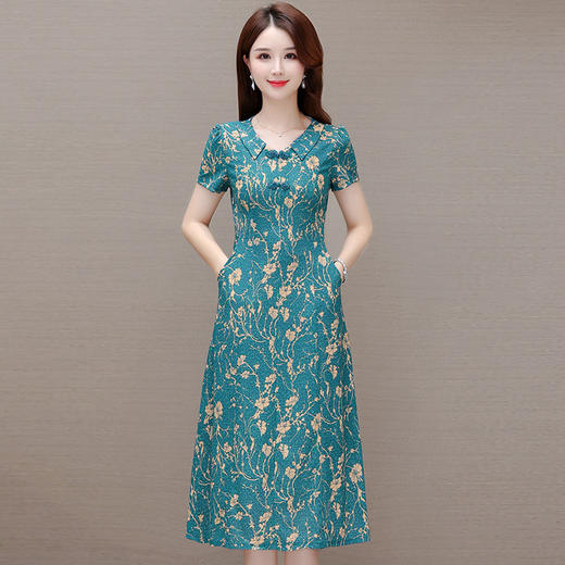 蓝色印花连衣裙，时尚中长裙复古改良旗袍裙QYM-KED-H1198-Y 商品图0