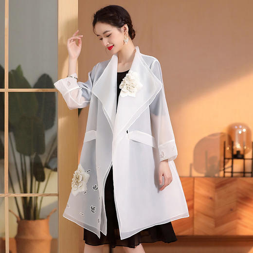 西装领柯根纱绣花上衣，女中长款九分袖国风复古系腰带披肩外衫AYK-QF-230410 商品图1
