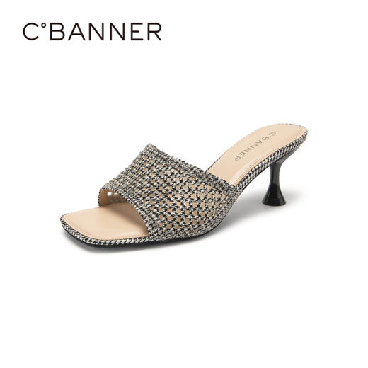 千百度女鞋夏季凉拖鞋高跟编织拖鞋休闲镂空外穿细跟百搭A23350202 商品图1